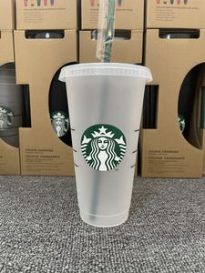 Plastic Starbucks 24OZ/710ml Tumbler Reusable Clear Drinking Flat Bottom Cup Pillar Shape Lid Straw Mug Bardia