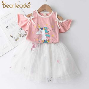 Bear líder meninas vestido vestido conjuntos verão princesa bonito menina desenhos animados t-shirt + gaze vestido 2 pcs conjunto crianças roupas 210708