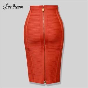 Högkvalitativ Kvinnors Sexig Black Red Blue Orange Zipper Rayon Bandage Skirt Bodycon Club Party Pencil 210702