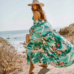 Grön bohemian tryckt bikini wrap cover-ups kinesisk stil kimono cardigan bomull tunika strand klänning badkläder täcker upp