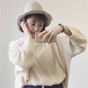 韓国のバージョン怠惰な緩いセーター女性冬の服厚い長袖ラウンドネックプルオーバーバットスリーブボトムリング210427