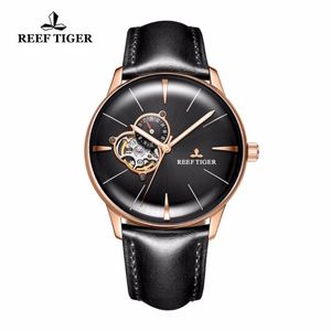 REEF TIGER / RT Męskie Luksusowe Zegarki Casual Tourbillon Convex Obiektyw Rose Gold Automatyczny Skórzany Pasek RGA8239 Zegarki