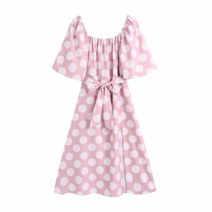 Casual Woman Pink Dot Square Collar Sashes Long Dress Summer Fashion Ladies Puff Sleeve Dresses Female Party 210515