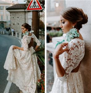 Rustic Bohemian Full Lace Open Back Wedding Dress with Sleeves 2022 Vintage Boho Beach Bridal Gowns A Line Country Plus Size Bride Dresses