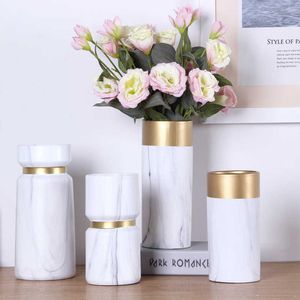 Creativo Nordic Vaso Decorazione Soggiorno Ceramica Golden Rim Marmo Accessori per la casa moderni Vasi di fiori per case 210623