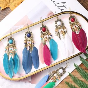 Women's Tassel Long Feather Earring Female 2021 Retro Personality Rice Bead Fashion Jewelry Ethnic Summer Bohemian Dangle Earrings