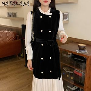 Matakawa 스탠드 칼라 Femme Robe Contrast Ruffle Vestdo 스티치 더블 브레스트 레이스 허리 Pleated Velvet Dress 여성용 210513