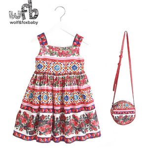 Perakende 2-8 Yıl Kolsuz Kız Baskı Elbise + Renkli Çanta Çocuk Yaz Q0716