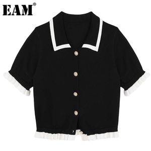 [EAM] Black Short Knitting Cardigan Sweater Loose Fit Lapel Half Sleeve Women Fashion Spring Summer 1DD7815 21512