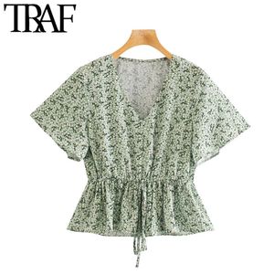 TRAF Women Fashion Floral Print Ruffled Blouses Vintage Short Sleeve Drawstring Tied Female Shirts Blusas Chic Tops 210415