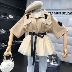 2-teiliges Damen-Set, Outfits, Pailletten-Stickerei, halbe Ärmel, Khaki-Jacke, Bluse + Schnür-Patchwork-Tüll-Tutu, Netzrock-Set 210514