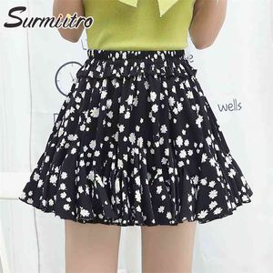 Sommer Mini gefalteter Rock Frauen koreanische stil schwarze floral rüschen hohe taille ästhetische weibliche für jugendliche 210421