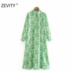Zevity Women Fashion Turn Down Collar Print Green Shirt Dress Office Ladies Button Business Vestido Chic Straight Dresses DS4434 210603