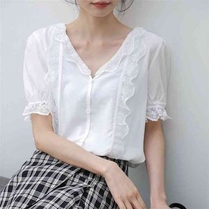 Elegant v nacke kvinnor prom vita skjortor blus sommar mjuka singel-breasted kvinnliga arbetskläder toppar blusas 210601