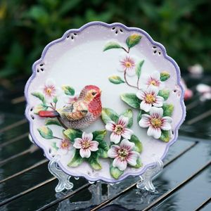 Piatto in ceramica decorativo dipinto a mano con fiore di uccello appeso a parete, decorazione da tavolo per la casa moderna, da collezione, arte fatta a mano