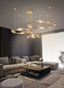 Modern Luxury Ring LED Chandelier Gold Pendant Lamps CNC Aluminum Lobby Chandeliers for Living Room Ceiling Hanging Lights Dining Room Light