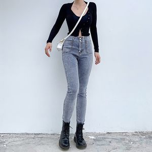 Frauen Stretch Jeans Hohe Taille Dünne Hosen Herbst Retro Hosen Gewaschen Elastische Dünne Hosen Casual Bleistift Hosen 210419