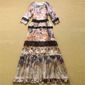Högkvalitativ EST Designer Runway Maxi Dress Women's 3/4 Sleeve Lace Decoration Bird Floral Print Retro Long 210521