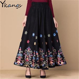 Winter Warm Plus Size Fllower Embroider Woolen Maxi Skirt Women Elegant High Waist Pleated Korean Mom Office Lady Clothes 210421