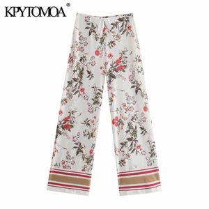 KPYTOMOA KVINNOR 2021 FASHION Floral Print Mysigt brett benbyxor Vintage Hög Elastisk Midja Kvinna Ankelbyxor Mujer Q0801