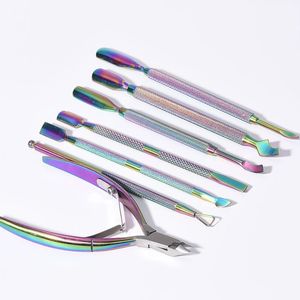 Färgrik nagel manikyr rostfritt stål döda hud remover fil cutter spoon cuticle pusher clipper naglar konst verktyg a217282