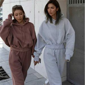 Sólido Tracksuit Mulheres Dois Peça Set Outono Inverno Roupas Com Capuz Oversized Moletom Top Sweatpants Esportes Jogging Terno Outfits 211126