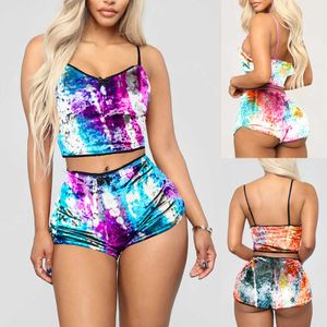 Shorts Sleepwear Set Hem Leopard Tie-Dye Print Sommar V Neck Sexig Ärmlös Pajama För Kvinnor Nattkläder Pizama Damska Drop Ship Q0706