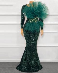 Sparkly Plus Size Prom Dresses 2021 Sexy Mermaid Z Długim Rękawem Ruffles Koronki Dark Green African Black Girls Suknie wieczorowe