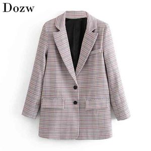 Elegante damas Oficina Plaid Blazers trajes de un solo pecho con muescas cuello Vintage abrigo Mujer bolsillos decorar prendas de vestir Blazer Mujer 210515