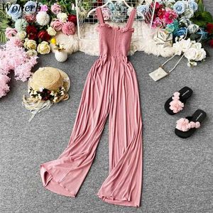Women Rompers Sexy Solid Boho Camisole Jumpsuit Wide Leg Summer Fashion on Vacation Bodysuit Ladies Kurzer Overall Elegant 210519