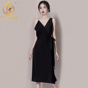 女性のセクシースパゲッティストラップ夏のドレスのフリルVネックブラックドレス高品質パーティーVestidos 210520