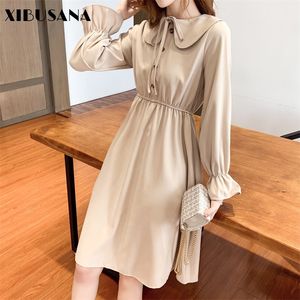 Jesień Peter Pan Collar Kobiety Sukienka Rękaw Rękaw Slim Wysoka Talia Kobiet Solidna Długość Kolana Suknie Vestidos 210423