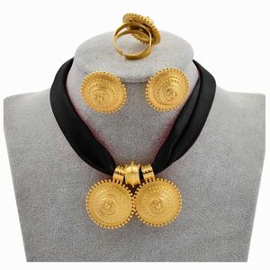 Anniyo DIY Rope Chain Ethiopian Jewelry Set Gold Color Eritrea Ethnic Style Habesha Pendant Earrings Ring #217106 211015
