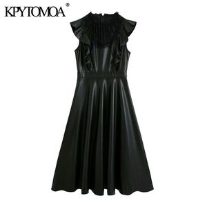 Kvinnor chic mode med spets faux läder midi klänning vintage tillbaka dragkedja ruffled kvinnliga klänningar vestidos mujer 210416