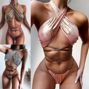 Sexy Serpentine Tkaniny z Strappy Split Swimsuit Bikini Kobiety Stroje Kąpielowe Łączenie Kostium Kąpielowy Plaża Pływanie