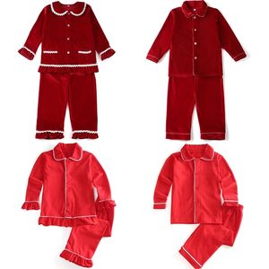 Großhandel Kleinkind Jungen und Mädchen Pyjamas Familie Passende Nachtwäsche Kinder Rot Weihnachten Einfarbig Rüschen Kinder PJS 211109