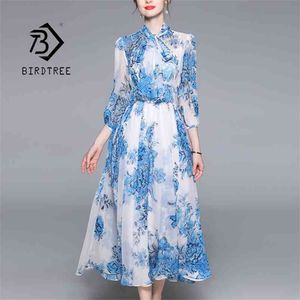 Sommar Kvinnors Koreanska Stil Floral Chiffon Midi Scarf Collar Half Puff Sleeve A-Line Transparent Elegant Dress D13010X 210416