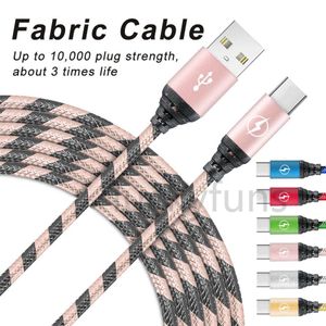 Micro USB Laddkablar 3FT 6FT 10FT Lång Premium Nylon Flätad Typ C Kabel Synkronisering Data Laddarkabel för Samsung Galaxys21 S8 S9 S10 Not 20 HTC LG Android Telefon Mode