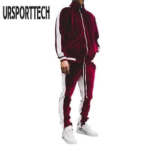 Gold Velvet Tracksuit Men's Set Spring Autumn Sport Suit Male Plus Velvet Thick Hoodies+ Pants Warm Sweatshirt Autumn Sportswear 211103