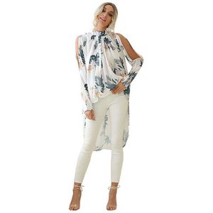 Kvinnor toppar och blusar sommar blommig print chiffong lång skjorta plus storlek elegant damer topp av axel boho blouse femme 210608