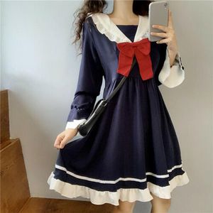 Casual Dresses Summer Girl Cartoon Navy Blue White Sailor Collar Japan School Uniform Girls Cute Bowknot Tie College Sweet Dress