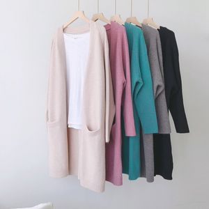 Outono mulheres de malha de cardigan solta cor sólida longa vestido V-pescoço cheio de camisola sobre o joelho inverno outdoor Cardigans 210420