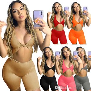 Summer Women Jumpsuits Sexy Low Cut Halter Solid Color Sleeveless Vest Shorts Sports Rompers Club Tight Fashion Overalls Pants Plus Size