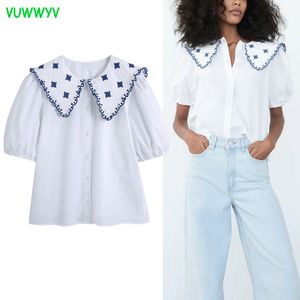 Camisas Para Mulheres Branco Bordado Poplin Mulher Verão Botão de Manga Puff Curto para cima Camisa Senhoras Do Vintage Tops 210430