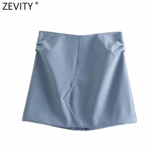 Women Chic Side Pleated Mini Pencil Skirt Office Ladies Solid Color Back Zipper Casual Slim Skirts Mujer QUN738 210416