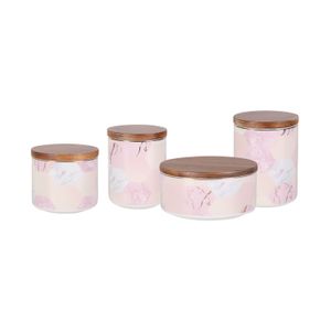 ノルディックピンクの大理石のキッチンキャニスターウッドの蓋セラミックの香りの蝋燭の瓶の空気タイツの食糧収納容器の茶コーヒーキャンディーナッツ