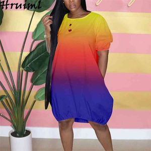Loose Afryka Styl Gradient Kolor Drukuj Dresses Dla Kobiet Krótki Rękaw Kieszenie Streetwear Mini Summer Casual 210513