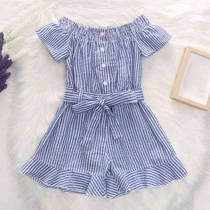 Girl Clothes Toddler Baby Summer Stripes Print Strap Ruffled Wide Leg Jumpsuit Outfit Cotton Clothing 210515