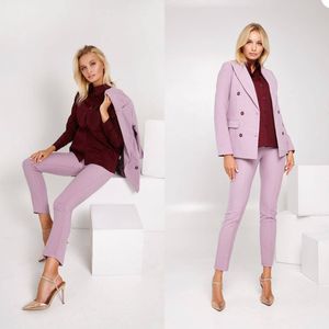 Moda Kobiety Blazer Garnitury Z Długim Rękawem Double Breasted Formalne Stroje Wieczorowe Party Wedding Slim Spodnie nóg Suit 2 sztuki