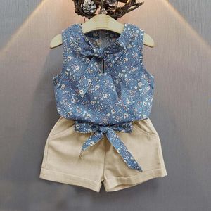 Conjuntos de roupas para roupas de roupas de roupas bowknot conjunto colete meninas bebê crianças t-shirt + shorts outfitset floral
